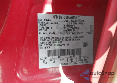 2004 Ford F150 Fx4/Lariat/Xlt из США, поврежденный, VIN 1FTPW14534KD79126